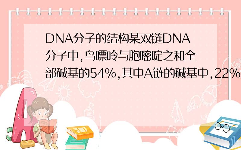 DNA分子的结构某双链DNA分子中,鸟嘌呤与胞嘧啶之和全部碱基的54%,其中A链的碱基中,22%是鸟嘌呤,28%是胞嘧啶