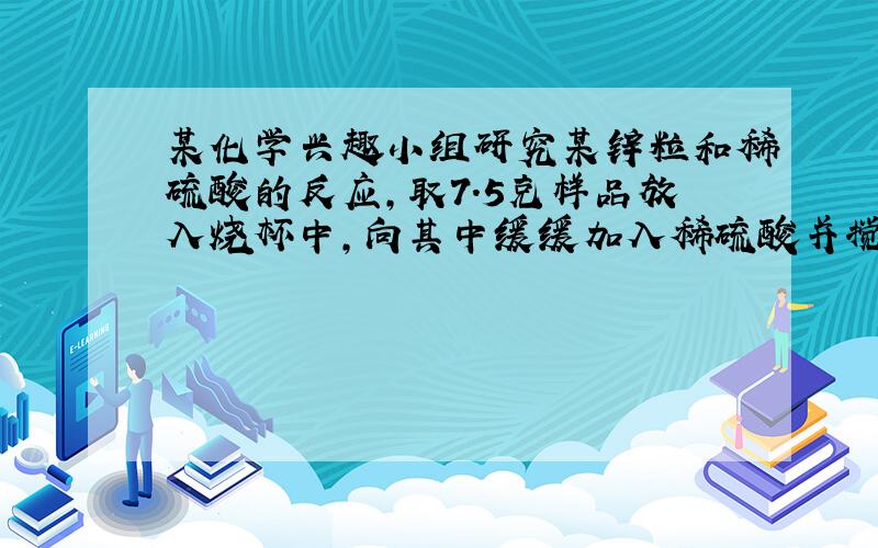 某化学兴趣小组研究某锌粒和稀硫酸的反应,取7.5克样品放入烧杯中,向其中缓缓加入稀硫酸并搅拌,共加入稀硫酸五十咳撑得杯中