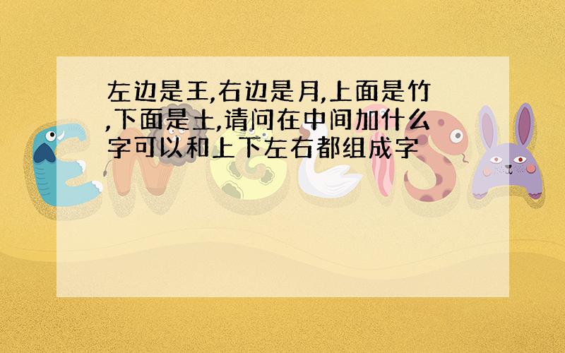 左边是王,右边是月,上面是竹,下面是土,请问在中间加什么字可以和上下左右都组成字