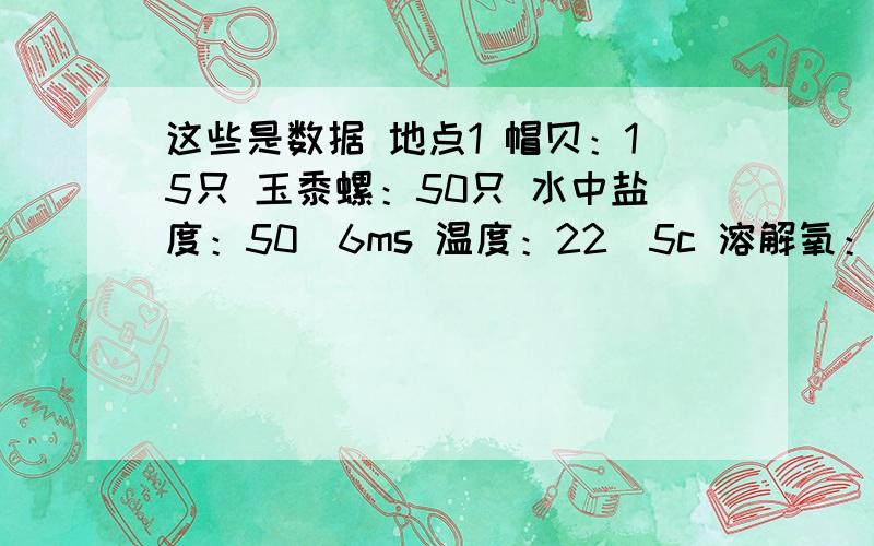 这些是数据 地点1 帽贝：15只 玉黍螺：50只 水中盐度：50．6ms 温度：22．5c 溶解氧：110％sat 阳光