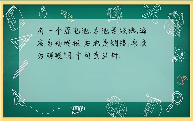 有一个原电池,左池是银棒,溶液为硝酸银,右池是铜棒,溶液为硝酸铜,中间有盐桥.