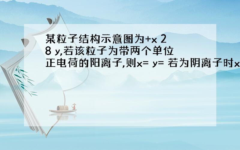 某粒子结构示意图为+x 2 8 y,若该粒子为带两个单位正电荷的阳离子,则x= y= 若为阴离子时x= y=