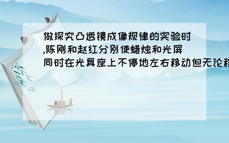 做探究凸透镜成像规律的实验时,陈刚和赵红分别使蜡烛和光屏同时在光具座上不停地左右移动但无论移动到哪,他们始终没有看到烛焰