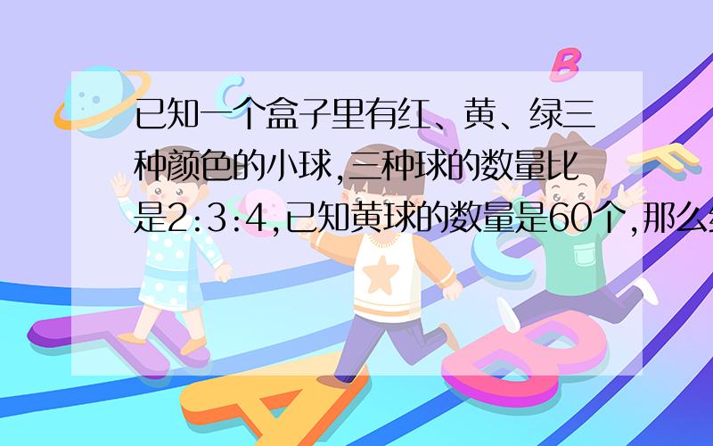 已知一个盒子里有红、黄、绿三种颜色的小球,三种球的数量比是2:3:4,已知黄球的数量是60个,那么红球和绿