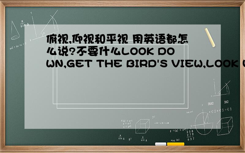 俯视,仰视和平视 用英语都怎么说?不要什么LOOK DOWN,GET THE BIRD'S VIEW,LOOK UP有没