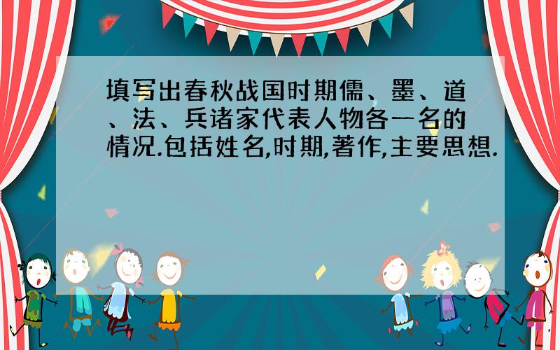 填写出春秋战国时期儒、墨、道、法、兵诸家代表人物各一名的情况.包括姓名,时期,著作,主要思想.