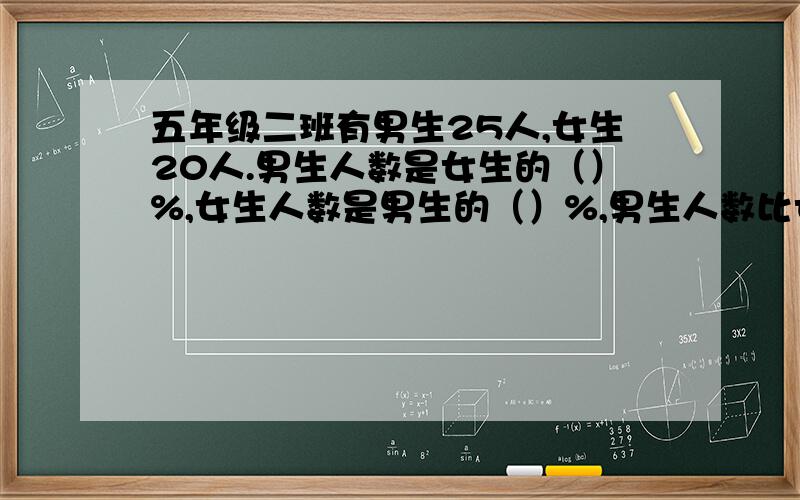 五年级二班有男生25人,女生20人.男生人数是女生的（）%,女生人数是男生的（）%,男生人数比女生多（）%,女生人数比男