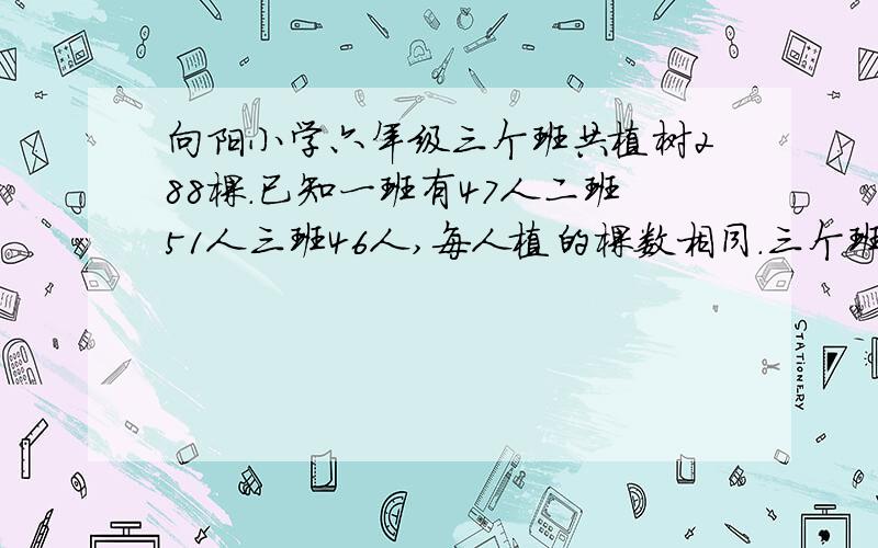 向阳小学六年级三个班共植树288棵.已知一班有47人二班51人三班46人,每人植的棵数相同.三个班各植树多少