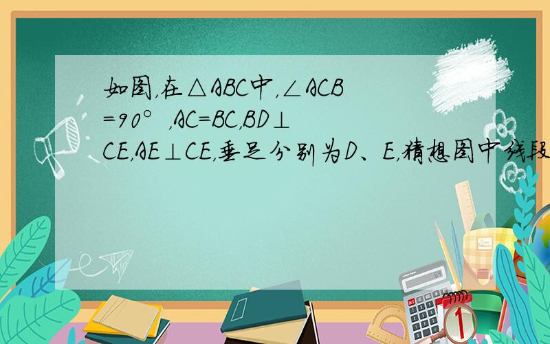 如图，在△ABC中，∠ACB=90°，AC=BC，BD⊥CE，AE⊥CE，垂足分别为D、E，猜想图中线段DE、AE、DB