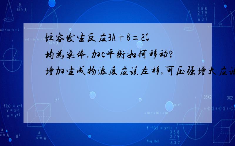 恒容发生反应3A+B=2C 均为气体.加c平衡如何移动?增加生成物浓度应该左移,可压强增大应该右移.