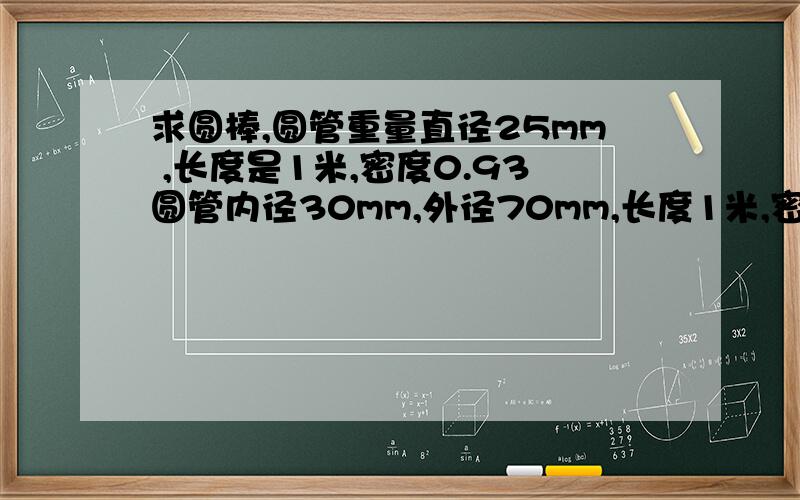 求圆棒,圆管重量直径25mm ,长度是1米,密度0.93圆管内径30mm,外径70mm,长度1米,密度0.93求这2个的