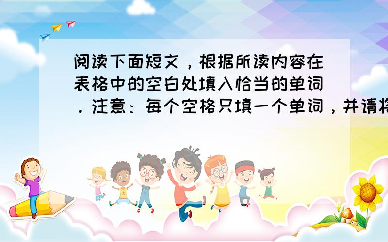 阅读下面短文，根据所读内容在表格中的空白处填入恰当的单词。注意：每个空格只填一个单词，并请将答案写在答题纸上。