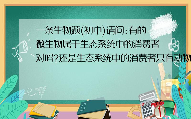 一条生物题(初中)请问:有的微生物属于生态系统中的消费者对吗?还是生态系统中的消费者只有动物?