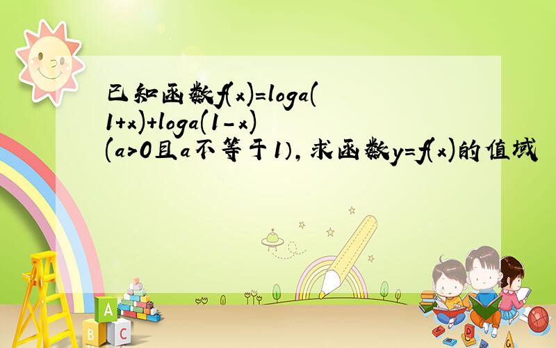 已知函数f(x)=loga(1+x)+loga(1-x)(a>0且a不等于1）,求函数y=f(x)的值域