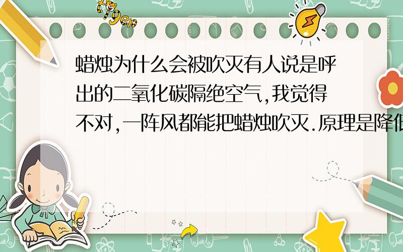 蜡烛为什么会被吹灭有人说是呼出的二氧化碳隔绝空气,我觉得不对,一阵风都能把蜡烛吹灭.原理是降低着火点吧.那么假设我有一袋