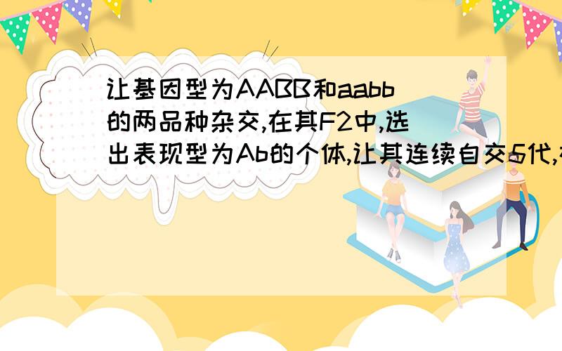 让基因型为AABB和aabb的两品种杂交,在其F2中,选出表现型为Ab的个体,让其连续自交5代,在选育过程中,每一代的表