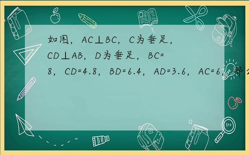 如图，AC⊥BC，C为垂足，CD⊥AB，D为垂足，BC=8，CD=4.8，BD=6.4，AD=3.6，AC=6，那么点C