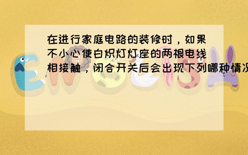 在进行家庭电路的装修时，如果不小心使白炽灯灯座的两根电线相接触，闭合开关后会出现下列哪种情况（　　）