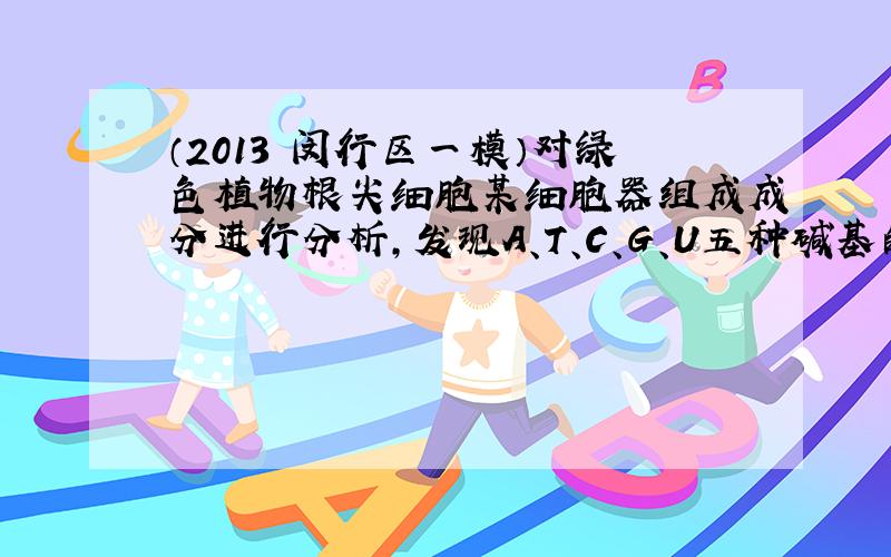 （2013•闵行区一模）对绿色植物根尖细胞某细胞器组成成分进行分析，发现A、T、C、G、U五种碱基的含量分别为35%，0