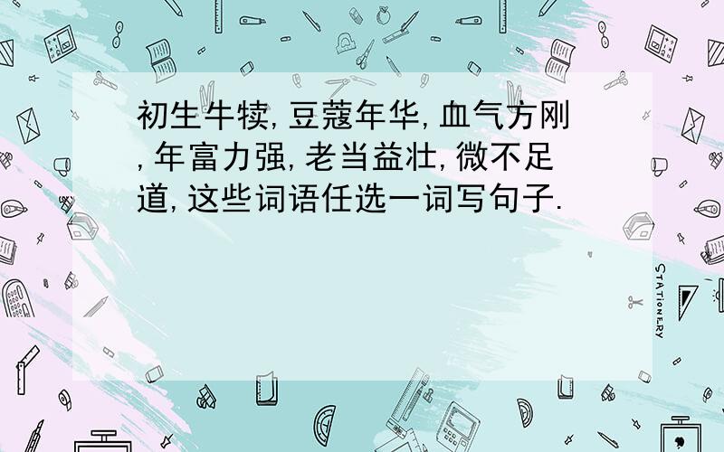 初生牛犊,豆蔻年华,血气方刚,年富力强,老当益壮,微不足道,这些词语任选一词写句子.