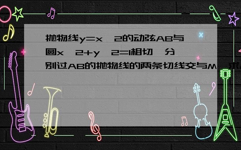 抛物线y=x^2的动弦AB与圆x^2+y^2=1相切,分别过AB的抛物线的两条切线交与M,求M的轨迹方程