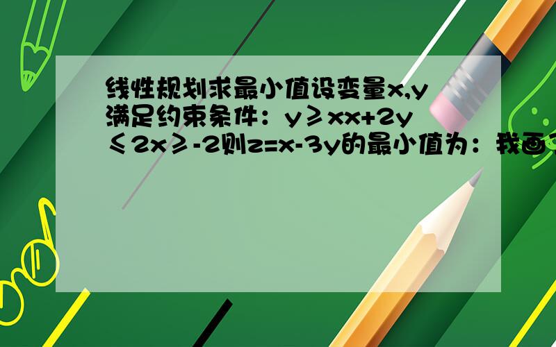 线性规划求最小值设变量x,y满足约束条件：y≥xx+2y≤2x≥-2则z=x-3y的最小值为：我画了图,三条线围成一个三