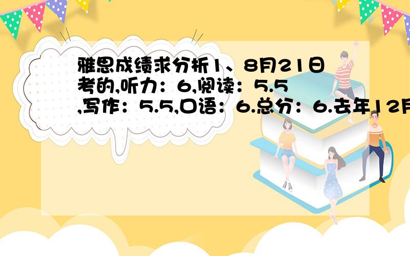 雅思成绩求分析1、8月21日考的,听力：6,阅读：5.5,写作：5.5,口语：6.总分：6.去年12月还考过一次,基本是