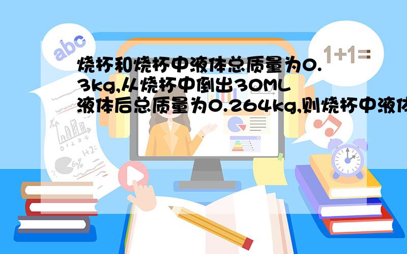 烧杯和烧杯中液体总质量为0.3kg,从烧杯中倒出30ML液体后总质量为0.264kg,则烧杯中液体的密度为（ ）