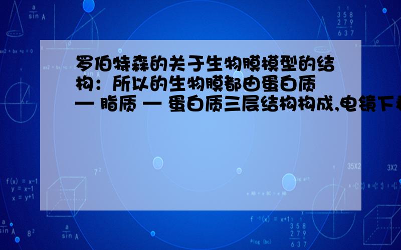 罗伯特森的关于生物膜模型的结构：所以的生物膜都由蛋白质 — 脂质 — 蛋白质三层结构构成,电镜下看到的中间亮层是磷脂分子