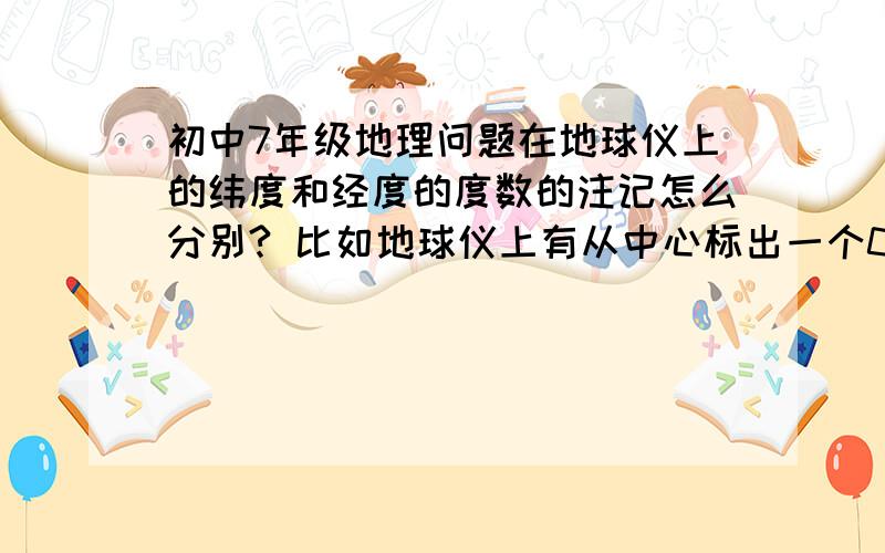 初中7年级地理问题在地球仪上的纬度和经度的度数的注记怎么分别? 比如地球仪上有从中心标出一个0的 上面20 40 60