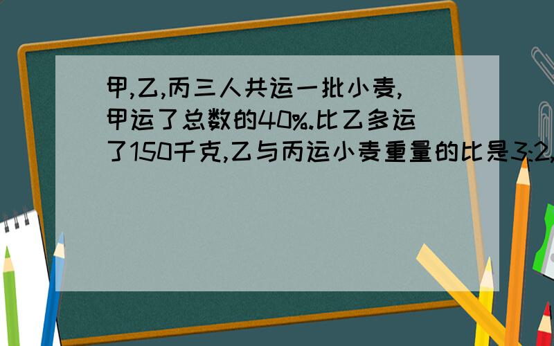 甲,乙,丙三人共运一批小麦,甲运了总数的40%.比乙多运了150千克,乙与丙运小麦重量的比是3:2,三人各