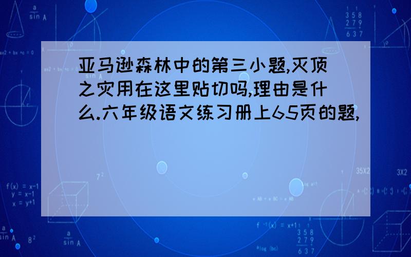 亚马逊森林中的第三小题,灭顶之灾用在这里贴切吗,理由是什么.六年级语文练习册上65页的题,