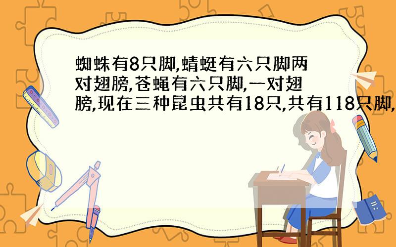 蜘蛛有8只脚,蜻蜓有六只脚两对翅膀,苍蝇有六只脚,一对翅膀,现在三种昆虫共有18只,共有118只脚,20对翅膀,问每种昆