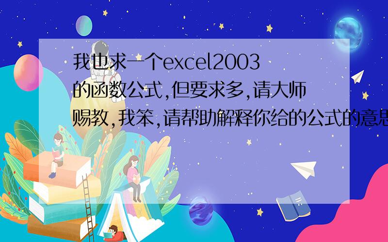 我也求一个excel2003的函数公式,但要求多,请大师赐教,我笨,请帮助解释你给的公式的意思,