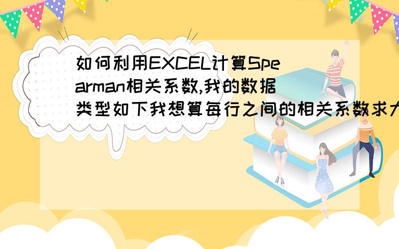 如何利用EXCEL计算Spearman相关系数,我的数据类型如下我想算每行之间的相关系数求大神~