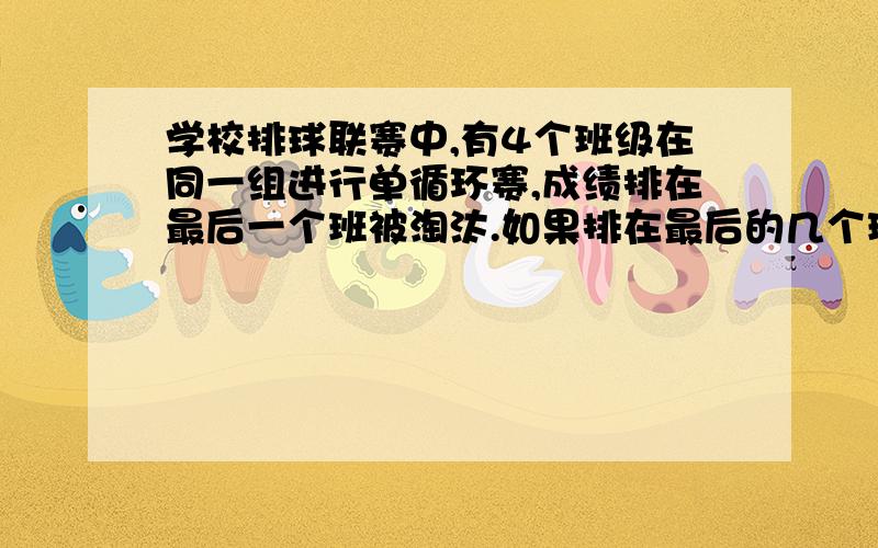 学校排球联赛中,有4个班级在同一组进行单循环赛,成绩排在最后一个班被淘汰.如果排在最后的几个班的胜负常数相等,则它们之间