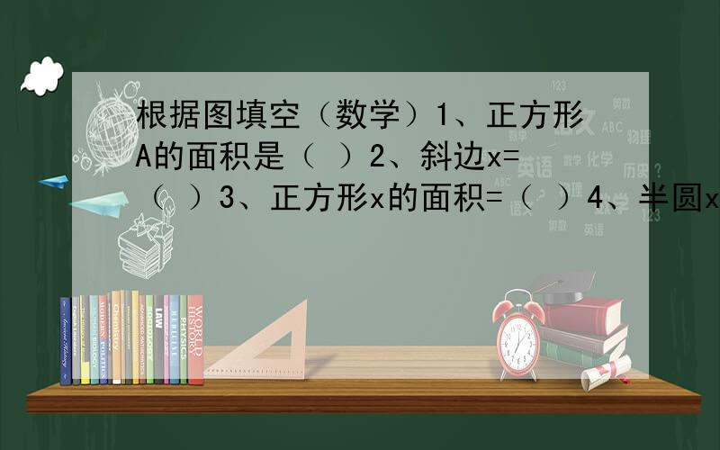 根据图填空（数学）1、正方形A的面积是（ ）2、斜边x=（ ）3、正方形x的面积=（ ）4、半圆x的面积=（ ）