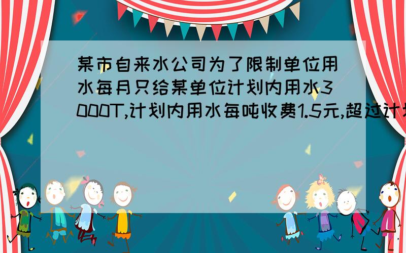 某市自来水公司为了限制单位用水每月只给某单位计划内用水3000T,计划内用水每吨收费1.5元,超过计划部分每吨加收2元.