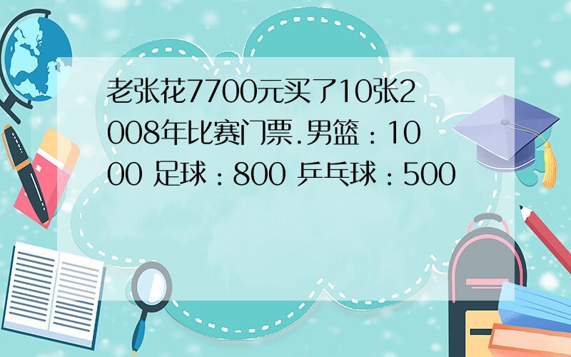 老张花7700元买了10张2008年比赛门票.男篮：1000 足球：800 乒乓球：500