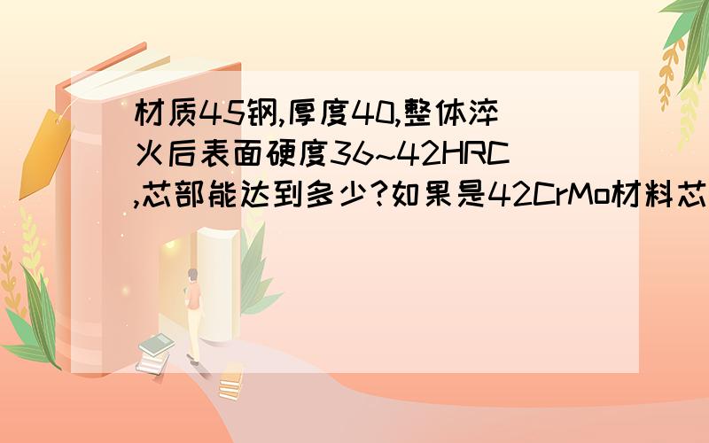 材质45钢,厚度40,整体淬火后表面硬度36~42HRC,芯部能达到多少?如果是42CrMo材料芯部又能达到多少?