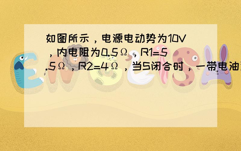 如图所示，电源电动势为10V，内电阻为0.5Ω，R1=5.5Ω，R2=4Ω，当S闭合时，一带电油滴恰好静止在水平放置的平