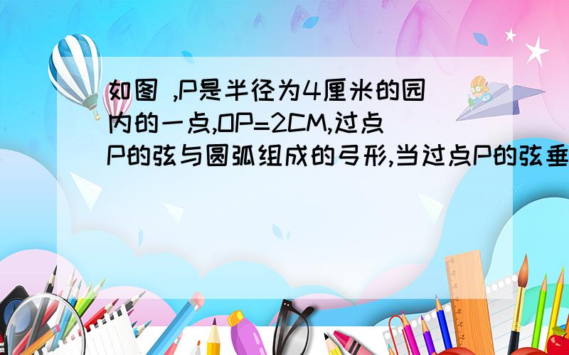 如图 ,P是半径为4厘米的园内的一点,OP=2CM,过点P的弦与圆弧组成的弓形,当过点P的弦垂直于OP时,弦与其所对的劣