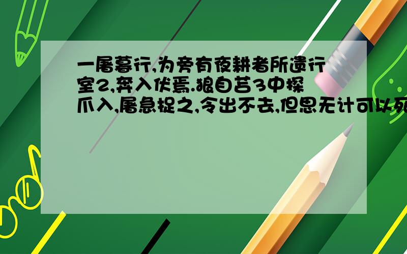 一屠暮行,为旁有夜耕者所遗行室2,奔入伏焉.狼自苫3中探爪入,屠急捉之,令出不去,但思无计可以死之.惟4有小刀不盈5寸,