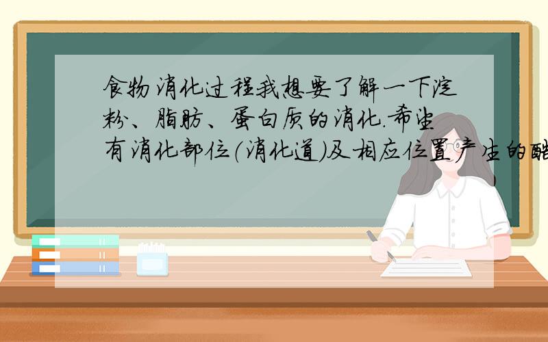 食物消化过程我想要了解一下淀粉、脂肪、蛋白质的消化.希望有消化部位（消化道）及相应位置产生的酶和酶促反应结果.偶知道这个