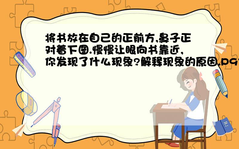 将书放在自己的正前方,鼻子正对着下图.慢慢让眼向书靠近,你发现了什么现象?解释现象的原因.P97