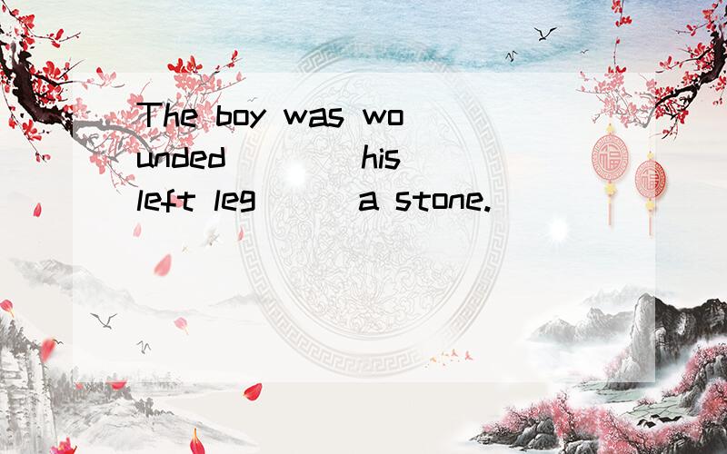 The boy was wounded ___ his left leg __ a stone.