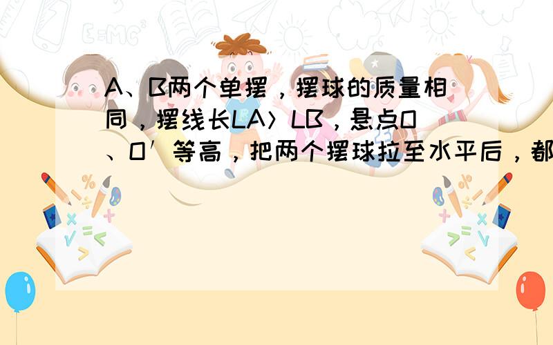 A、B两个单摆，摆球的质量相同，摆线长LA＞LB，悬点O、O′等高，把两个摆球拉至水平后，都由静止释放，不计阻力，摆球摆