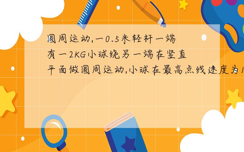 圆周运动,一0.5米轻杆一端有一2KG小球绕另一端在竖直平面做圆周运动,小球在最高点线速度为1M/S,在最低点速度为4M