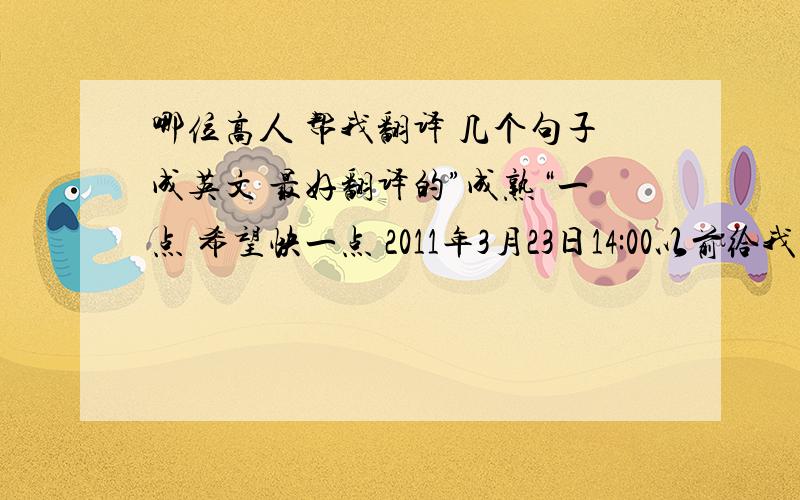 哪位高人 帮我翻译 几个句子成英文 最好翻译的”成熟“一点 希望快一点 2011年3月23日14:00以前给我 谢了