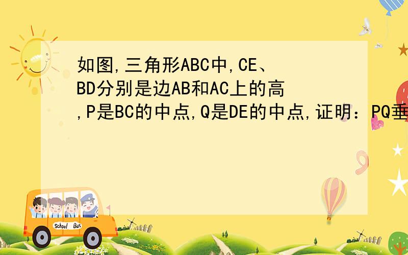 如图,三角形ABC中,CE、BD分别是边AB和AC上的高,P是BC的中点,Q是DE的中点,证明：PQ垂直DE